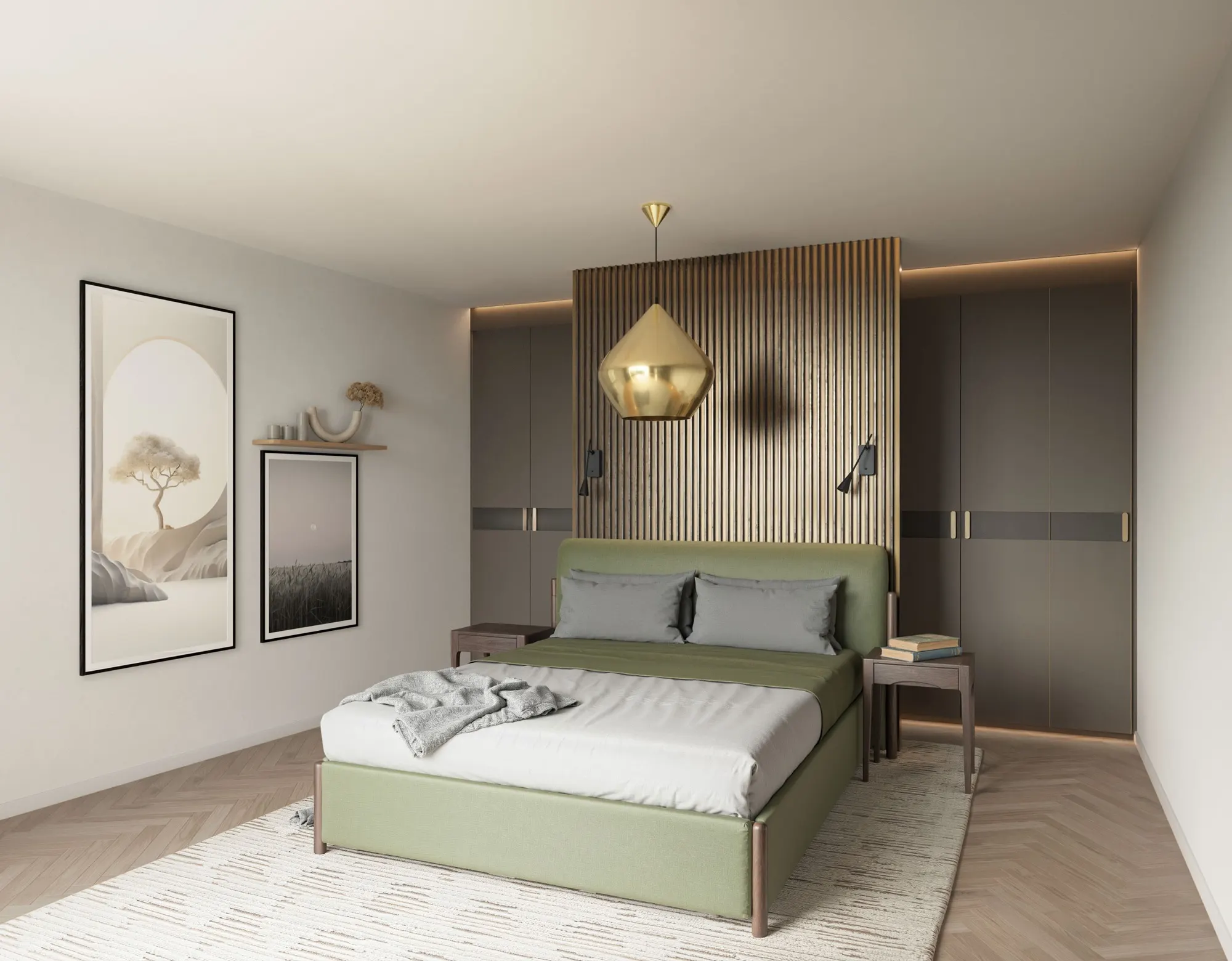 Schlafzimmer mit Fischgrätparkett