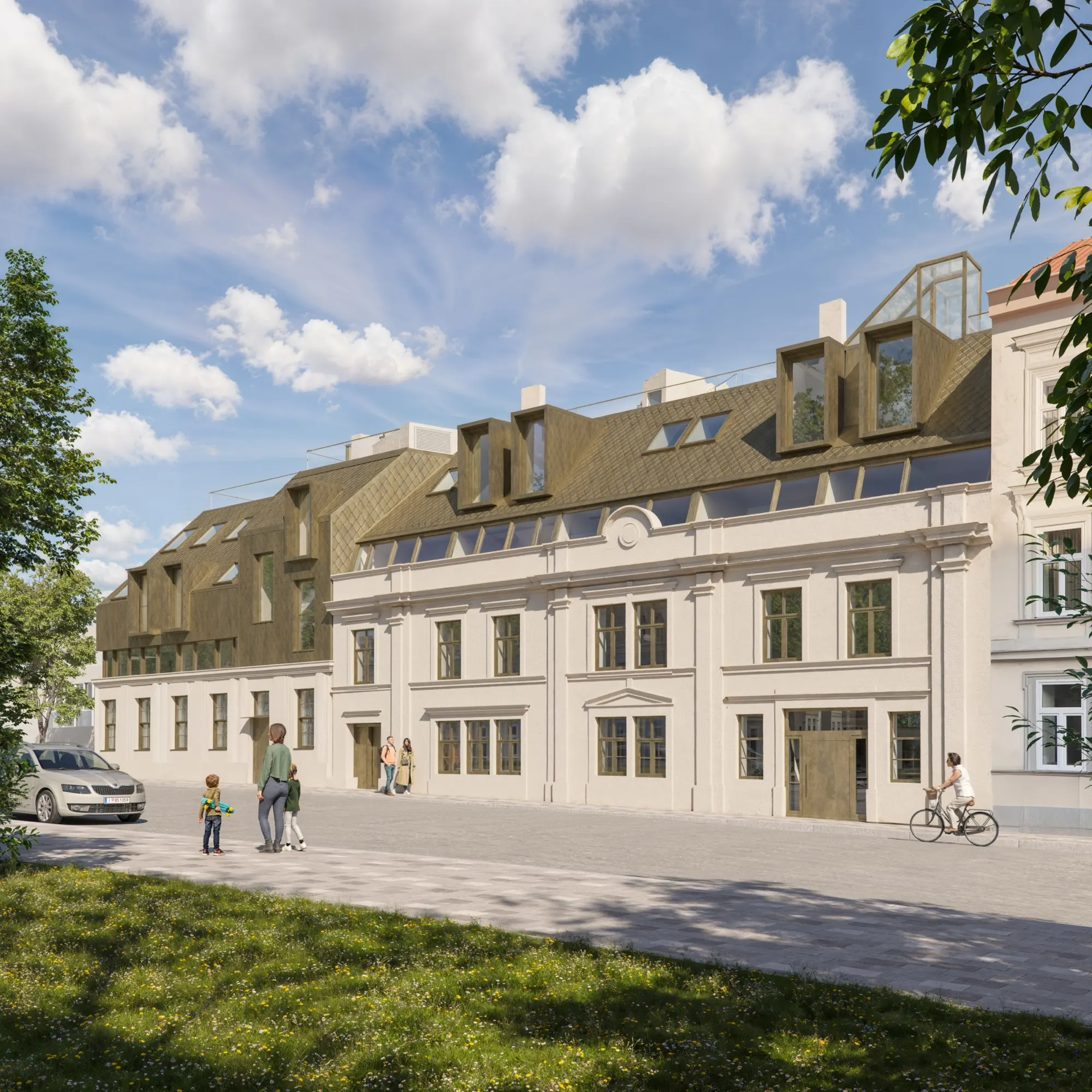 Straßenfassade mit Aufstockung und Zwillingsgaupen