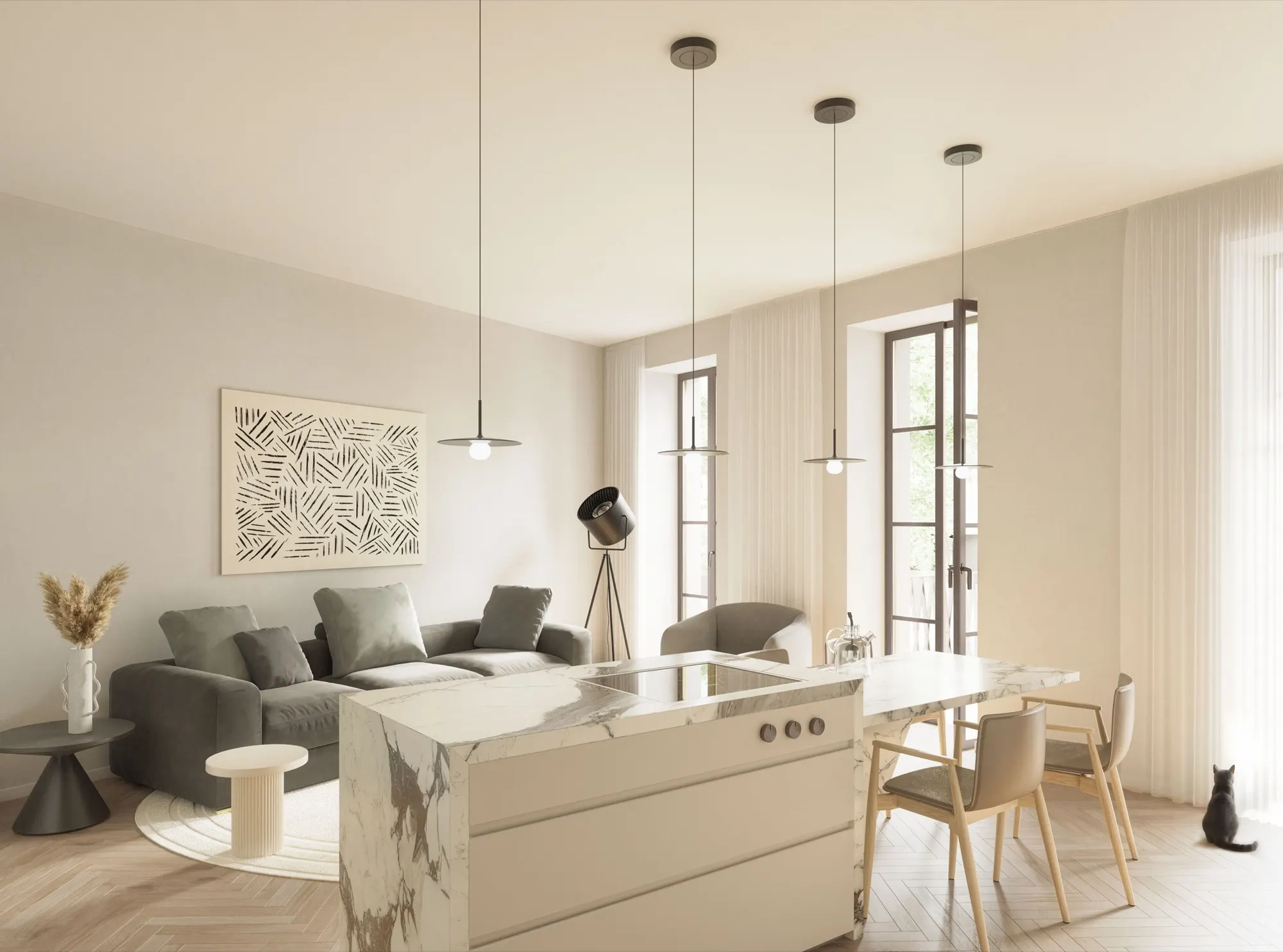 Wohnzimmer der Balkonwohnung Top 06