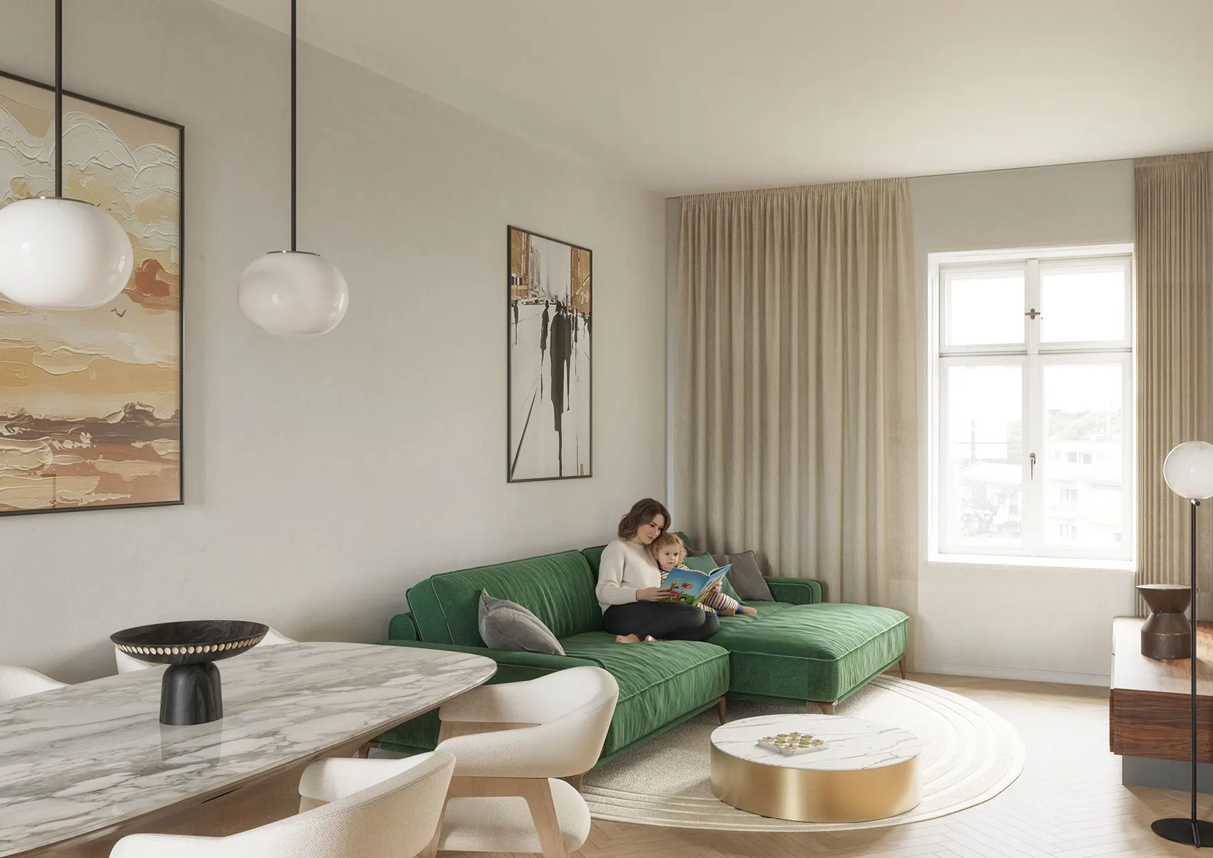 Wohnzimmer der Terrassenwohnung Top 07