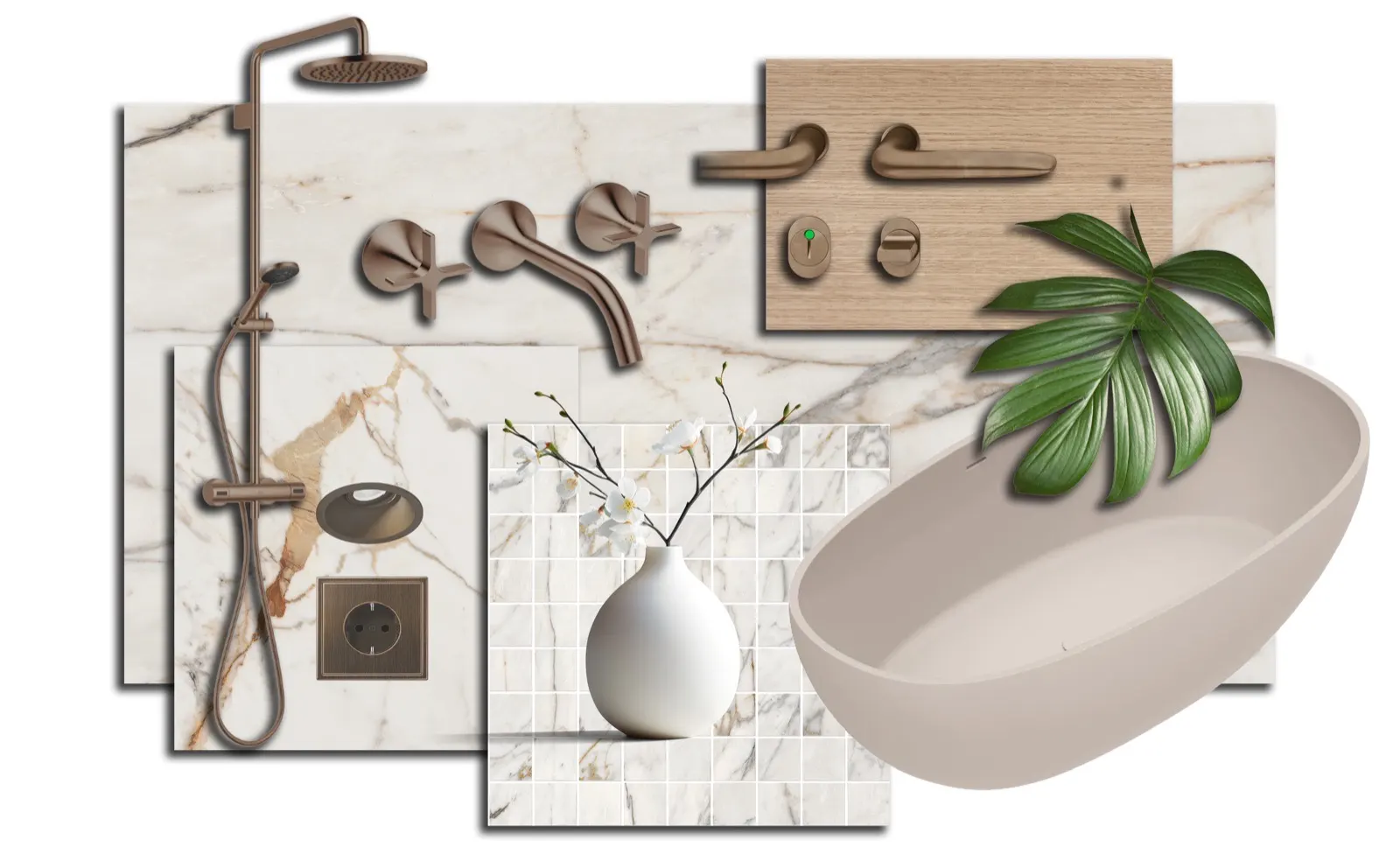 Bad-Linie Golden White: helle Feinsteinzeugplatten mit Bronze-Armaturen